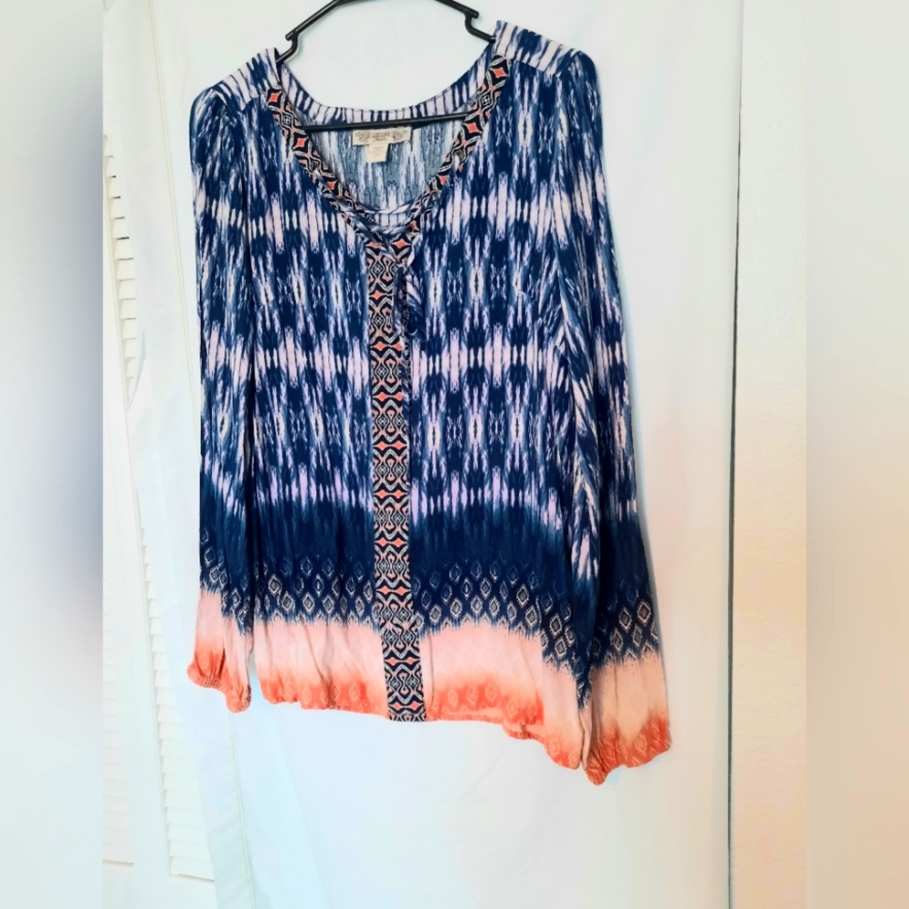 Vintage America Blues Blouse Women Size L Blue Peach Lightweight Boho V Neck